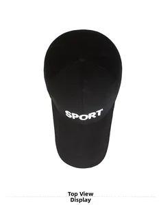 Top view of a black cotton baseball cap showing six-panel crown and white SPORT embroidery