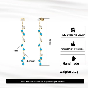 Detailed view of handmade tassel earrings with natural pearls and turquoise beads