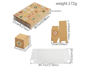 Detailed dimensions of 24 Kraft paper advent calendar boxes with PVC display case