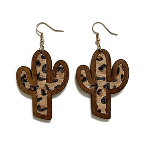 Western wooden cactus earrings with leopard print hair inlay and gold hooks