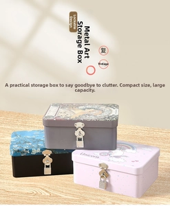 Detail view of vintage tin storage boxes with secure metal locks in various artistic prints