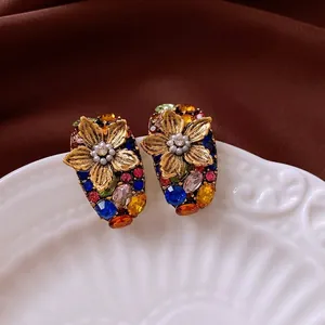 Vintage Baroque Flower Stud Earrings Alloy Colorful Rhinestone With Faux Artificial Pearl And Silver Earring Post For Women Luxury
