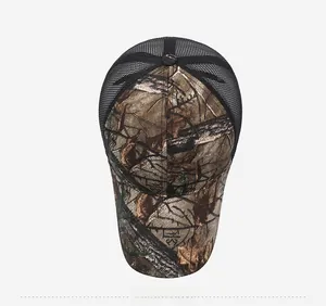 Top view of camouflage trucker hat with realistic leaf patterns and breathable black mesh