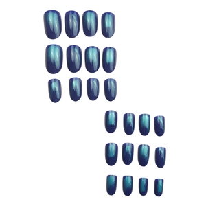 Short oval blue cat eye press on nails with sparkling magnetic finish 24pcs set