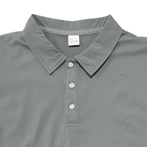 Detail view of grey Polo shirt collar and washing label with material composition
