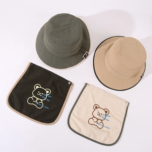 Detail of kids sun hat set featuring cute cartoon bear print and detachable neck flap