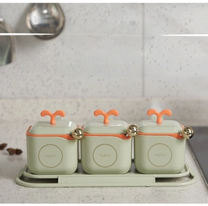 Close-up of kitchen seasoning containers with spoons and airtight seal lids in green