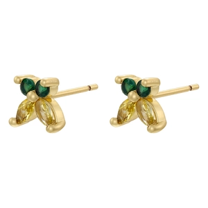 Golden butterfly stud earrings with sparkling green and yellow zircon crystals on white background