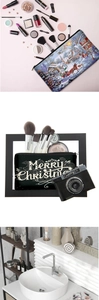 Detail showing Christmas canvas makeup bags with winter landscape and festive lettering