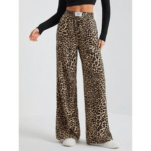 Women's leopard print wide-leg pants with high waist and loose straight fit design
