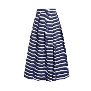 High-waisted pleated A-line skirt featuring a blue and white horizontal striped pattern
