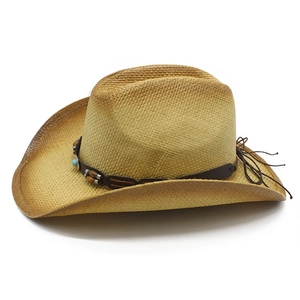 Chapeau de cowboy en paille avec bande en cuir, perles en bois et pierre turquoise