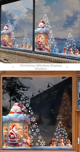 Christmas window decals with Santa Claus, snowmen, and snowflake trees in day and night views