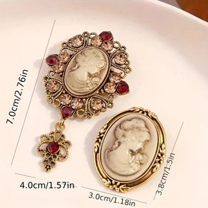Baroque antique gold cameo brooches set with red crystals and portrait carvings