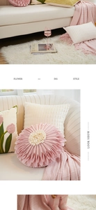 Detail of Nordic pink tulip round cushion and textured plaid pillow on velvet sofa