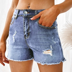 Pantalones cortos vaqueros de tiro alto para mujer con rotos y bajos deshilachados