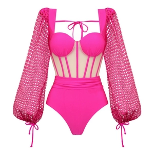 Maillot de bain une pièce rose néon à manches longues en dentelle avec corset baleiné