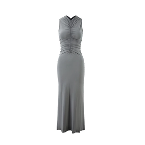Detailed view of grey sleeveless maxi dress featuring intricate slimming ruched fabric design