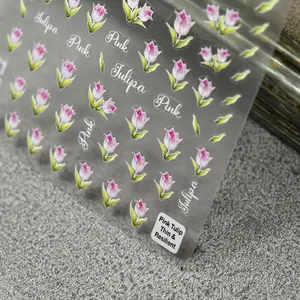 3D embossed pink tulip nail stickers with elegant script lettering and floral design