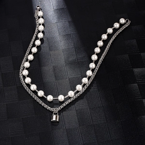 Double-layer silver keel chain necklace with white pearls and small lock pendant