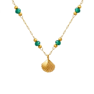 Shell Pendant Necklace 18K Gold Plated Stainless Steel Green Crystal Beads Minimalist Ocean Style Jewelry For Women