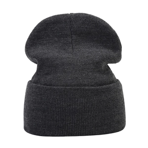 Classic dark grey ribbed knit beanie hat with a wide folded cuff for winter warmth