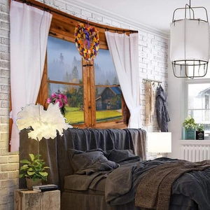 Detail showing 3D window view tapestry with landscape scenery and white curtains
