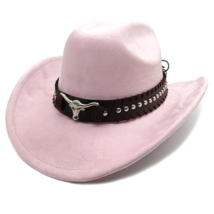 Cappello da cowboy rosa scamosciato con decorazione teschio di toro e borchie in metallo