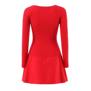 Red long sleeve rib-knit slim fit dress with feminine lace collar detail on white background