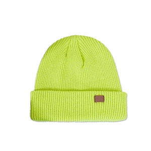 Close-up of neon green ribbed knit beanie featuring a brown leather patch detail