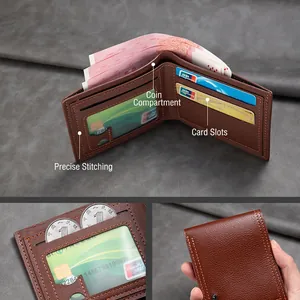 Portafoglio bifold in pelle PU marrone stile retrò con molti scomparti per carte