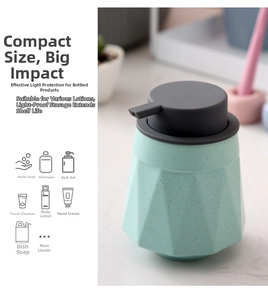 Detail of mint green geometric ceramic soap dispenser with dark gray pump head for bathroom