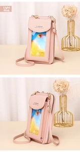 Detail of light pink PU leather crossbody bag with a transparent touchscreen window
