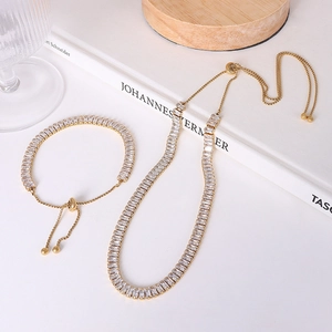 Collana e Bracciale in Acciaio al Titanio Zirconia Minimalista Francese Regolabile Oro Argento Gioielli Zircone Rettangolare Donna