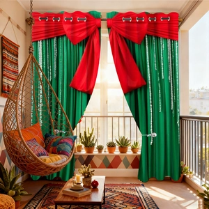 Close-up of green festive curtains featuring large red 3D bows and white polka dot patterns