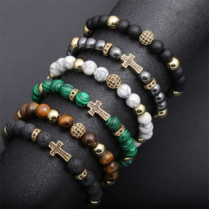 Cross Pendant Beaded Bracelet Copper Micro Pave Zircon Tiger Eye Lava Stone Religious Jewelry For Men Women