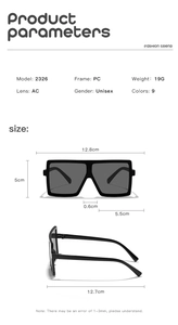 Detailed size chart of square kids sunglasses with dimensions for frame, lens, and temple
