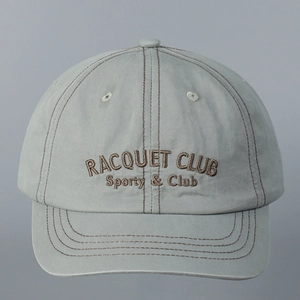 Close-up of vintage grey baseball cap with Racquet Club embroidery and short brim