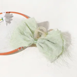 Detail of light green chiffon bow hair claw clip with feather texture on white background
