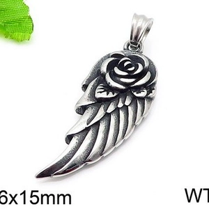 Retro 304 stainless steel angel wing rose pendant in antique silver finish, 36x15mm size