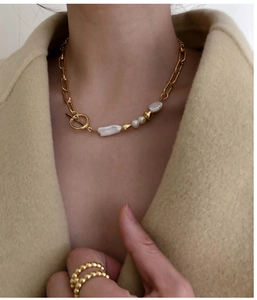 Baroque pearl gold paperclip chain necklace with OT buckle and beaded rings set