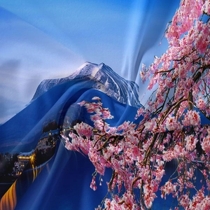 Detailed macro view of Mount Fuji and cherry blossom print on silk tapestry fabric