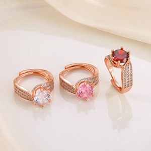 Adjustable rose gold rings with heart and arrow cut zircon stones in pink and red