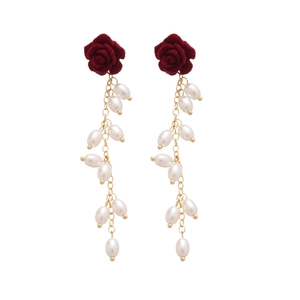 Elegant red flocked rose earrings with white pearl tassels on gold chains for women