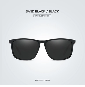 Detailed front view of sand black polarized sunglasses with classic rectangular frame