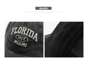 Detail of vintage washed cotton cap with Florida 1822 Miami embroidery and stitch quality