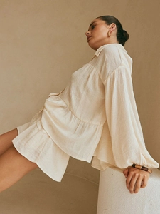 Beige lantern sleeve shirt and shorts set made of textured cotton linen for summer
