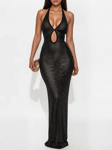 Sparkly black backless halter gown with deep V-neck and hollow-out detailing