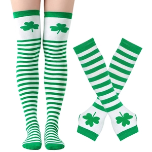St. Patrick's Day green and white striped over-knee socks and arm sleeves with clover print