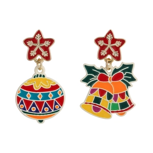 Close-up of festive Christmas earrings featuring a colorful ornament ball and jingle bells